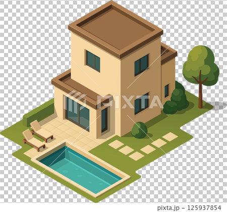 Isometric modern house with outdoor pool Isometric modern house with outdoor pool 125937854