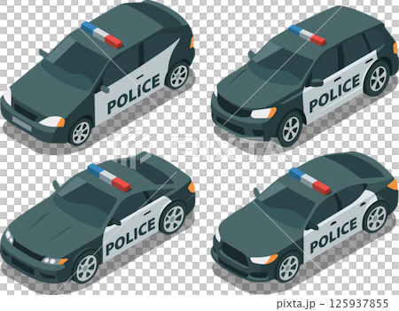 Isometric classic black and white police car set 125937855