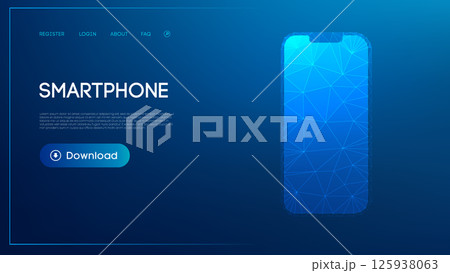 Low-poly 3D smartphone design with geometric precision on a sleek blue gradient background for technology themes. 125938063