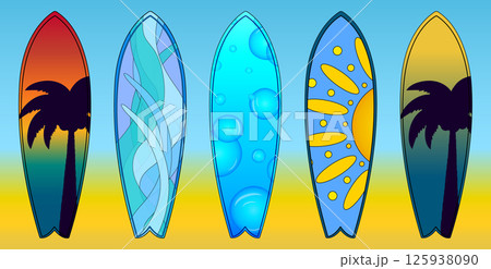 Summer vector surfboard set with tropical sunset, palm trees silhouettes, sun, water bubbles and wave patterns on a gradient background. Ideal for summertime, ocean activity, and outdoor sports desig Summer vector surfboard set with tropical sunset, palm trees silhouettes, sun, water bubbles and wave patterns on a gradient background. Ideal for summertime, ocean activity, and outdoor sports desig 125938090
