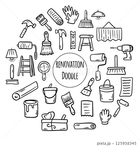 Doodle Construction tools set. Illustration of building and renovation. House repair concept collection 125938345