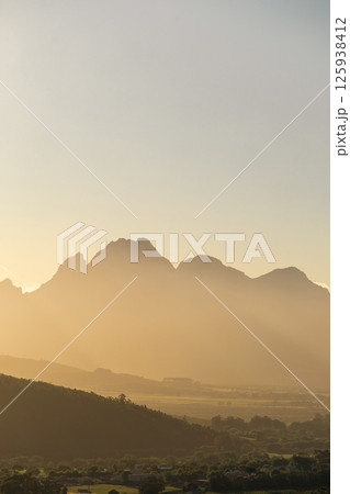Simon's Mountain, South Africa, mountains silhouettes in sunset light, banner 125938412