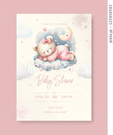 Watercolor New born baby shower invitation. Greeting card with sleeping teddy bear on cloud around the stars in pink pajamas. 125938583