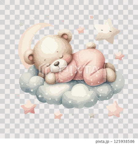 Watercolor sleeping teddy bear on cloud around the stars in pink pajamas on transparent background. Watercolor sleeping teddy bear on cloud around the stars in pink pajamas on transparent background. 125938586