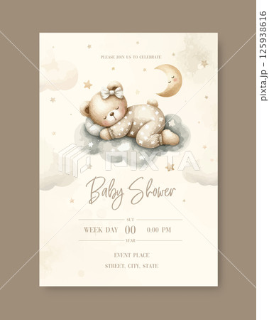 Watercolor New born baby shower invitation. Greeting card with sleeping teddy bear on cloud around the stars in beige pajamas. Watercolor New born baby shower invitation. Greeting card with sleeping teddy bear on cloud around the stars in beige pajamas. 125938616