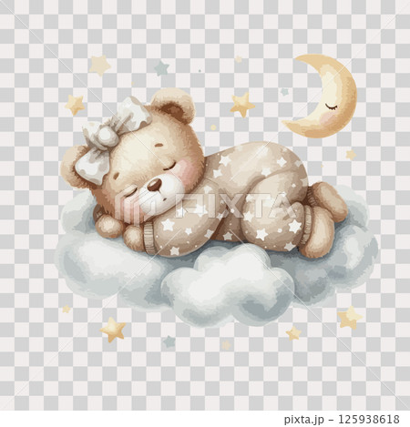 Watercolor sleeping teddy bear on cloud around the stars in beige pajamas on transparent background. Watercolor sleeping teddy bear on cloud around the stars in beige pajamas on transparent background. 125938618