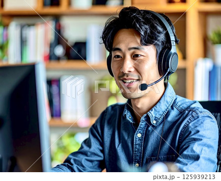 日本人男性がヘッドセットでオンライン会議に参加している様子(在宅勤務) 日本人男性がヘッドセットでオンライン会議に参加している様子(在宅勤務) 125939213