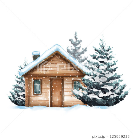 Winter chalet illustration. Wooden cabin in fir forest 125939233
