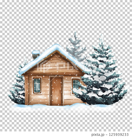Winter chalet illustration. Wooden cabin in fir forest 125939233