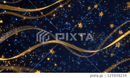 Golden Ribbons and Sparkling Stars on a Deep Blue Background 125939234