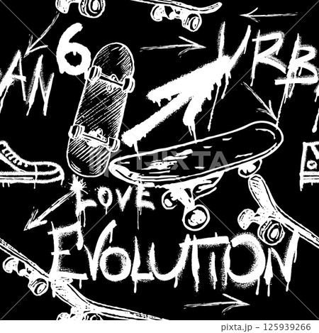 Seamless pattern with charcoal graffiti, doodles, punk and skateboards and text. Pencil drawn icons. 125939266
