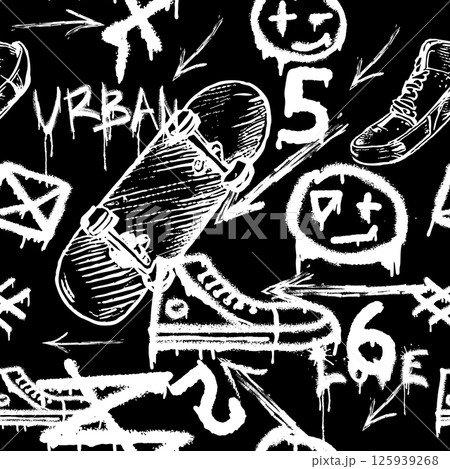 Seamless pattern with charcoal graffiti, doodles, punk and skateboards and text. Pencil drawn icons. Seamless pattern with charcoal graffiti, doodles, punk and skateboards and text. Pencil drawn icons. 125939268