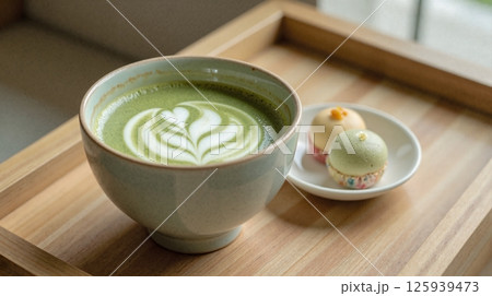 matcha latte with japanese sweets on wooden tray. matcha latte with japanese sweets on wooden tray. 125939473