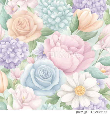Seamless floral pattern with soft pastel roses, peonies, daisies, and hydrangeas creating delicate and calming garden design 125939546