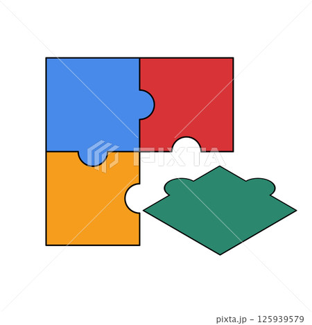 Detached Puzzle Piece in Colorful Jigsaw Set Vector Illustration. Three pieces are connected together, while the fourth green puzzle piece is separated and placed slightly apart. 125939579