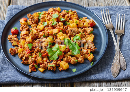 ground beef stew of potatoes and chopped tomatoes 125939647