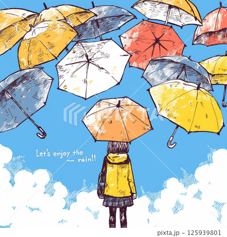 たくさんの傘と”Let's enjoy the rain!!”の文字 125939801