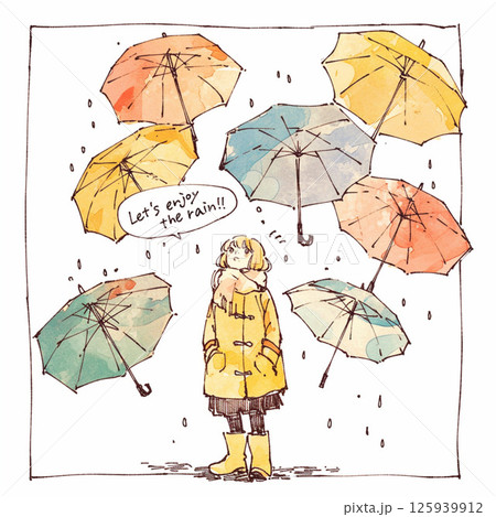 たくさんの傘と”Let's enjoy the rain!!”の文字 125939912