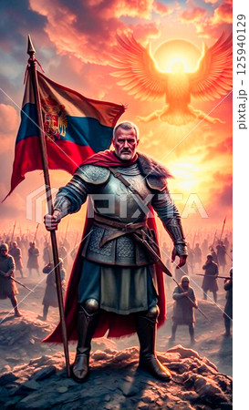 Rusich in armor and with a banner. Hordes of orcs eclipse the sun. AI generated. 125940129