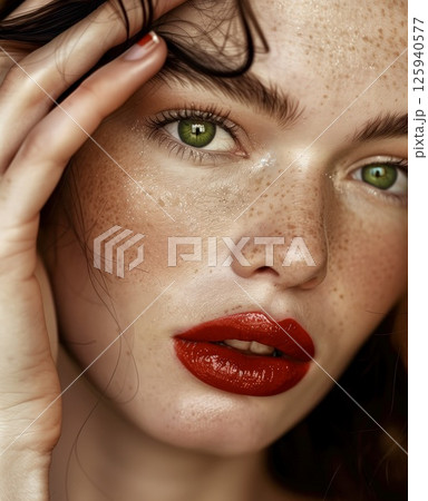 A close-up of a young woman with striking green eyes and vibrant red lips showcasing natural beauty and freckles in soft lighting 125940577