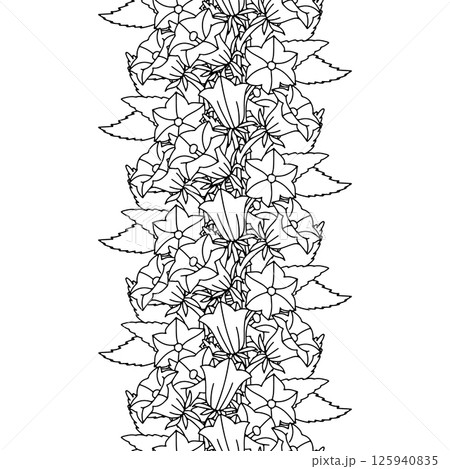 Stripe pattern with black and white line art canary islands flowers bellflower. Floral vertical seamless border with monochrome hand drawn millefleur 125940835
