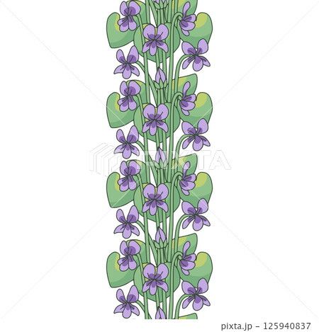 Stripe pattern with line art canary islands flowers blue violet. Floral seamless border with hand drawn millefleur Stripe pattern with line art canary islands flowers blue violet. Floral seamless border with hand drawn millefleur 125940837