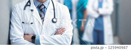 Attractive male doctor in front of medical group 125940987