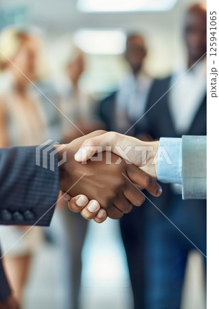 Business professionals engage in a firm handshake during a networking event in a modern office environment in the afternoon 125941065