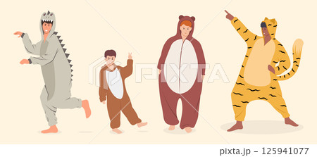 Cartoon Color Characters Boys in Pajamas Concept Flat Design Style. Vector illustration of Dinosaur, Tiger and Bear 125941077