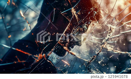 Silhouette of a person behind a shattered glass reflecting colorful lights at twilight in an urban setting 125941078
