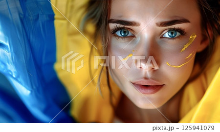 Young woman with striking blue eyes wearing face paint poses with a blue and yellow flag in a vibrant display of patriotism and pride 125941079