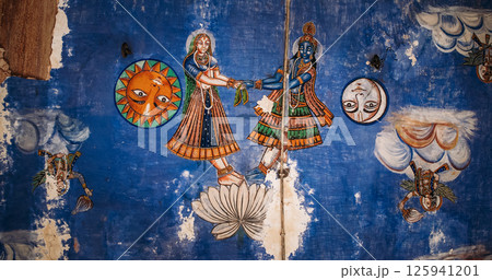 Close-up View on Frescoes Decoration On Wall Of Hanuman Temple In Jaipur, India. Sita And Rama with Sun and Moon. Life Story Of Rama, Sita And Their Companions Allegorically Discusses Duties, Rights Close-up View on Frescoes Decoration On Wall Of Hanuman Temple In Jaipur, India. Sita And Rama with Sun and Moon. Life Story Of Rama, Sita And Their Companions Allegorically Discusses Duties, Rights 125941201