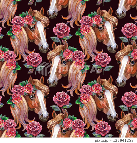 Horses and roses. Beautiful seamless pattern featuring elegant horses with flowing manes, perfect for fabric, wallpaper, or stationery designs. Horses and roses. Beautiful seamless pattern featuring elegant horses with flowing manes, perfect for fabric, wallpaper, or stationery designs. 125941258