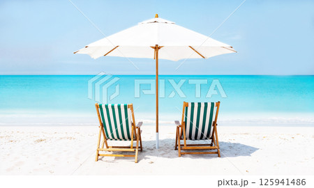 Beautiful tropical island scenery, two sun beds, loungers, umbrella under palm tree. White sand, sea view with horizon, idyllic blue sky, calmness and relaxation. Inspirational beach resort hotel 125941486