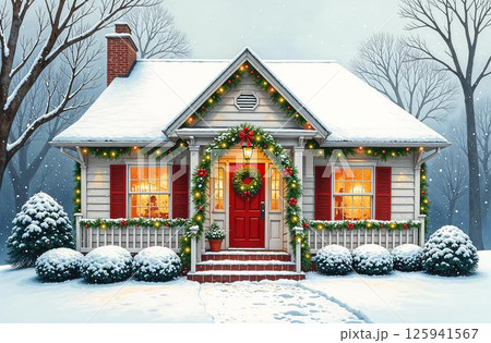 Facade house evening snowy winter, Christmas garland, New Year Eve. AI-generated Facade house evening snowy winter, Christmas garland, New Year Eve. AI-generated 125941567