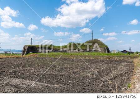 田植え前の水田地帯に佇む旧日本軍の柳本飛行場跡の北側防空壕跡 125941756