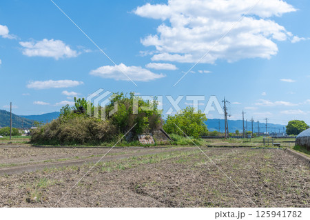 田植え前の水田地帯に佇む旧日本軍の柳本飛行場跡の南側防空壕跡 125941782