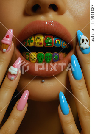 Hyper realistic close up of glossy lips, colorful emoji grillz, and vibrant 3D nail art featuring cute and edgy pop culture designs, a bold, expressive, modern beauty and fashion aesthetic concept 125941887