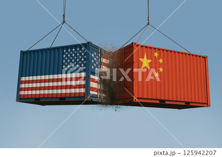 Shipping containers collision with USA and China flags 125942207