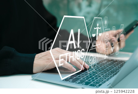 AI Ethics and Responsibility in Technology Concept. AI ethics and responsible artificial intelligence practices. Ethical AI development, fairness, and accountability for modern business and society. AI Ethics and Responsibility in Technology Concept. AI ethics and responsible artificial intelligence practices. Ethical AI development, fairness, and accountability for modern business and society. 125942228