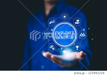 Employee Benefits and Compensation Strategy Concept. Icons representing employee benefits, including healthcare, insurance, vacation, financial perks, workplace incentives, and compensation strategy. Employee Benefits and Compensation Strategy Concept. Icons representing employee benefits, including healthcare, insurance, vacation, financial perks, workplace incentives, and compensation strategy. 125942229