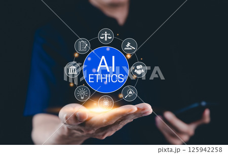 AI ethics and law in artificial intelligence governance. Icons related to AI ethics, symbols of legal scales, security, and global responsibility. ethical standards and regulations in AI technology. AI ethics and law in artificial intelligence governance. Icons related to AI ethics, symbols of legal scales, security, and global responsibility. ethical standards and regulations in AI technology. 125942258