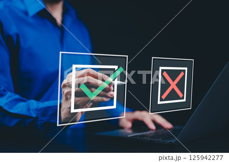 Decision-Making Concept, Yes and No Options. A person selecting between a green checkmark and red cross, decision making, voting, or choosing between right and wrong. business options, decide to vote, Decision-Making Concept, Yes and No Options. A person selecting between a green checkmark and red cross, decision making, voting, or choosing between right and wrong. business options, decide to vote, 125942277