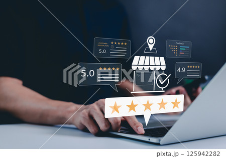 Customer feedback and satisfaction review concept. User reviews and ratings customer feedback and satisfaction scores. business quality, service excellence, and consumer experience evaluation. Customer feedback and satisfaction review concept. User reviews and ratings customer feedback and satisfaction scores. business quality, service excellence, and consumer experience evaluation. 125942282