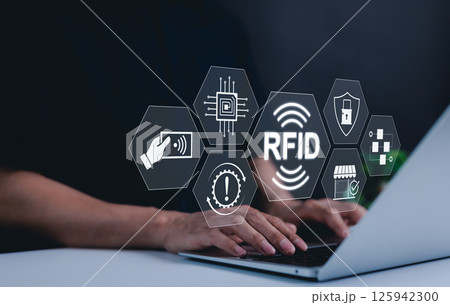 RFID, radio frequency identification technology, and digital security concepts. RFID interface symbolizes contactless technology, digital security, and smart identification systems. data secure, RFID, radio frequency identification technology, and digital security concepts. RFID interface symbolizes contactless technology, digital security, and smart identification systems. data secure, 125942300
