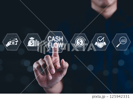 Cash flow management and financial growth concept. Businessman interacts with cash flow interface, investment, and business growth. transactions, budgeting, corporate strategy, money, income, profit, 125942331