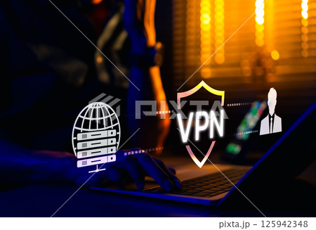 VPN Virtual Private Network. Cybersecurity and data protection concept. Man using laptop with glowing VPN shield icon and digital network graphics. online privacy, secure connections, software tool, VPN Virtual Private Network. Cybersecurity and data protection concept. Man using laptop with glowing VPN shield icon and digital network graphics. online privacy, secure connections, software tool, 125942348