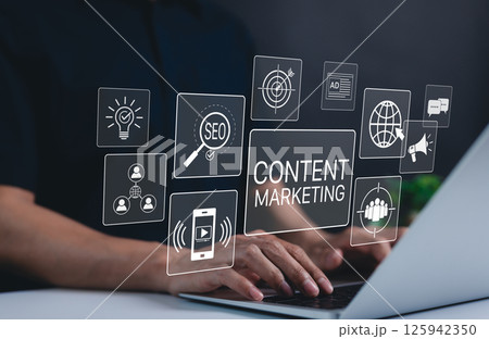 Content marketing and SEO digital strategy concept. Businessman working on a laptop with content marketing icons, SEO, and digital advertising. online marketing, brand promotion, audience engagement, Content marketing and SEO digital strategy concept. Businessman working on a laptop with content marketing icons, SEO, and digital advertising. online marketing, brand promotion, audience engagement, 125942350