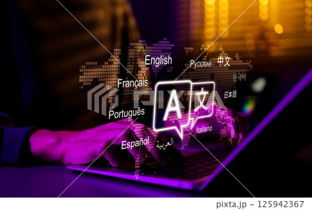 Multilingual Language Translation, Communication Concept. Man using laptop with icons various languages, global language translate, multilingual technology, international connections, AI translator, 125942367