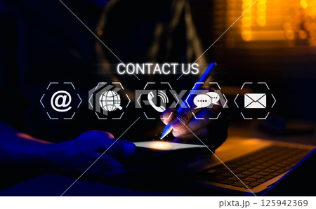 Contact Us and Customer Support Service Concept. Call Center, Care Support Hotline, Man using smartphone and stylus with communication icons, representing customer service, online contact options, Contact Us and Customer Support Service Concept. Call Center, Care Support Hotline, Man using smartphone and stylus with communication icons, representing customer service, online contact options, 125942369